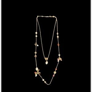 Talbots Gold Tone Double Chain Necklace w/ Crystal Pearl Gold Bead Dangles